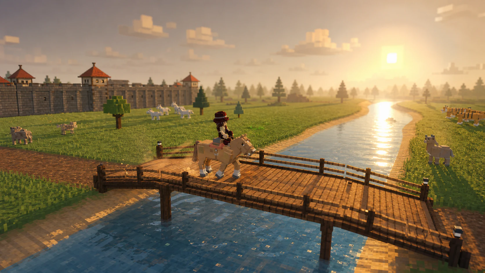 A mounted warrior crossing the river bridge