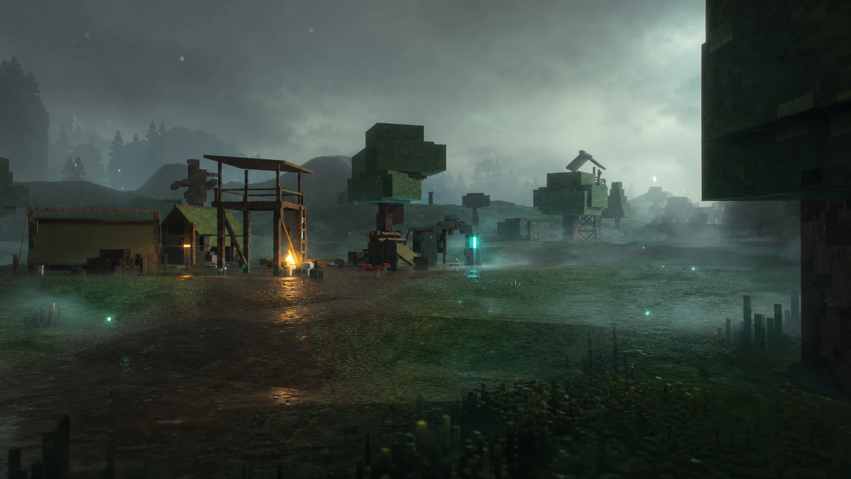 The authored Whisperwood road, camp and watchtower in cinematic fog